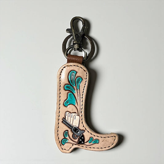 Western Linens Cowgirl tooled leather & cowhide keychain 