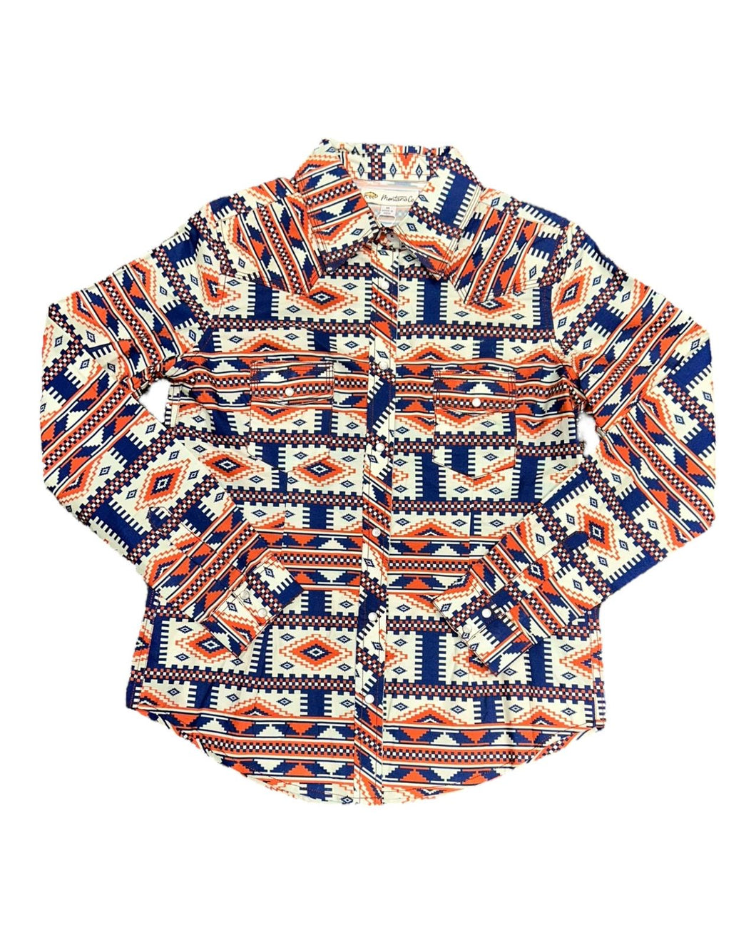 MontanaCo Ladies All Over Aztec Pattern in Orange & Navy Western Blouse L-1110