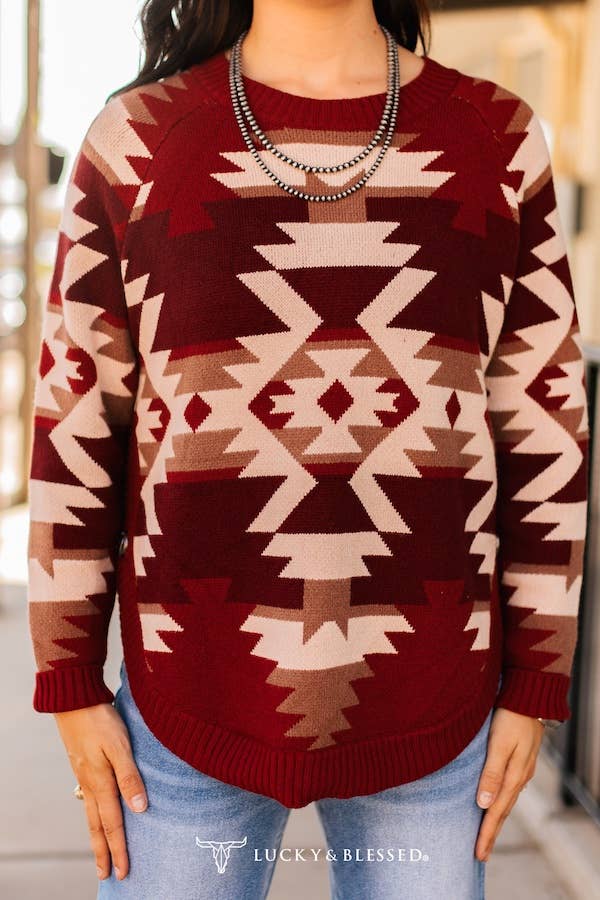 Burgundy Aztec Knitted Round Hem Buffalo Button Sweater JO419-AZTBRG