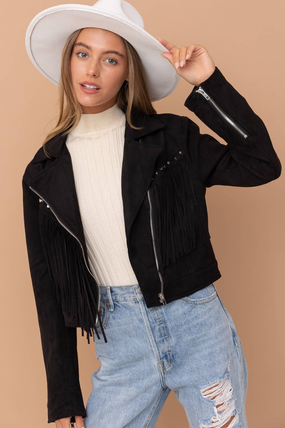 32266J - Suede Studded Fringe Moto Jacket: BLACK / M