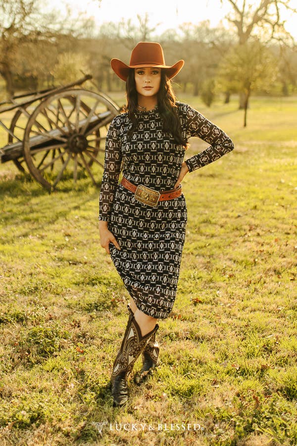 Black Aztec Mesh Long Sleeve Lined Dress: L