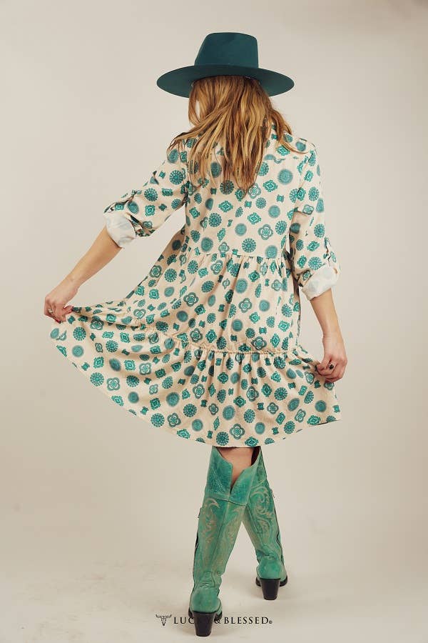 Plus Size Ivory Turquoise Stone Tier Collared Dress