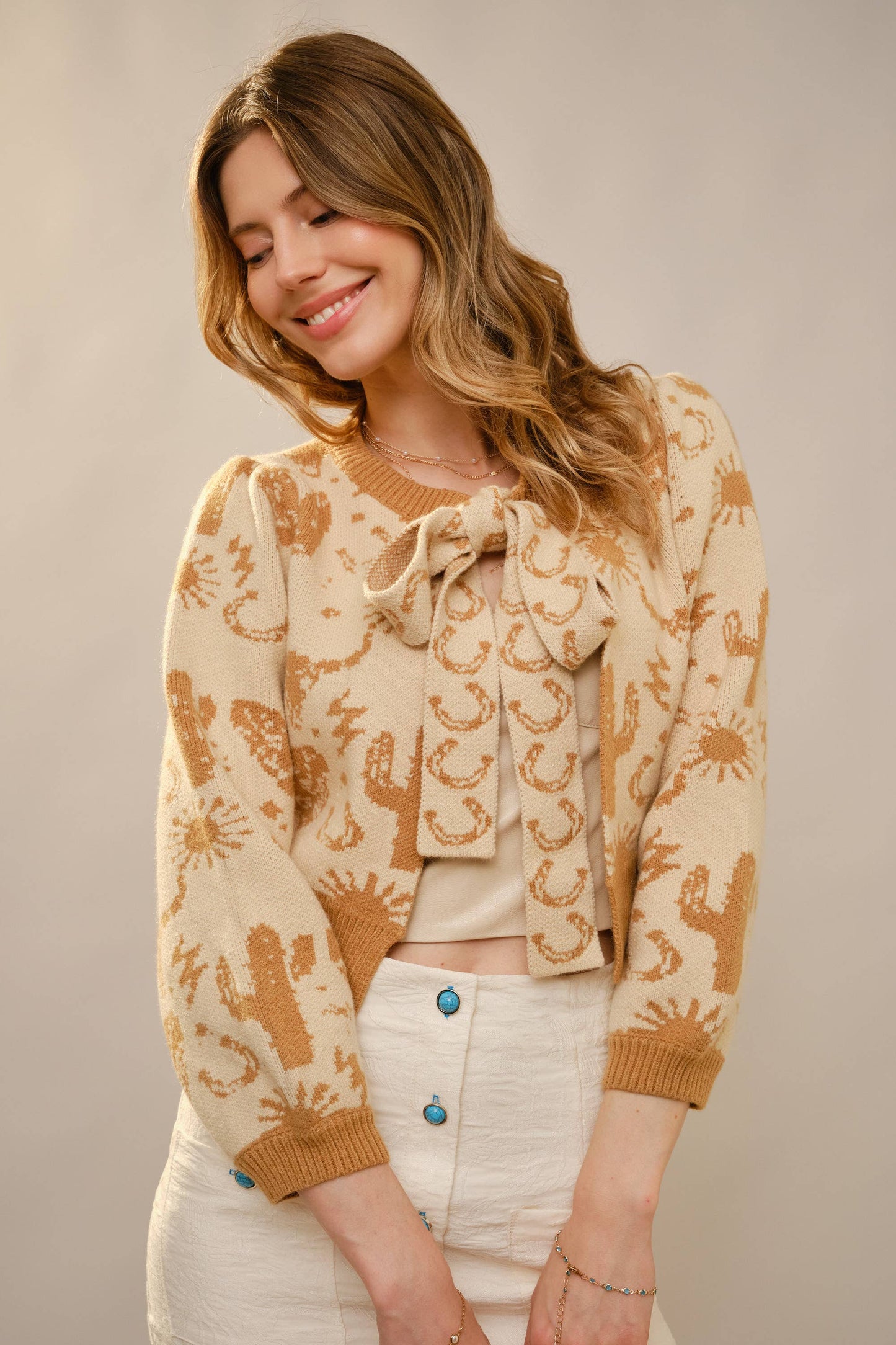 Blue B 37767W - Western Motif Tie Front Cardigan: TAUPE