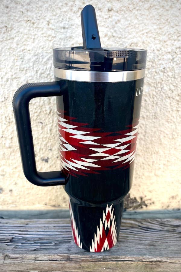 Black Red Aztec Printed Flip Straw Tumbler (40oz) TPH55-AZT
