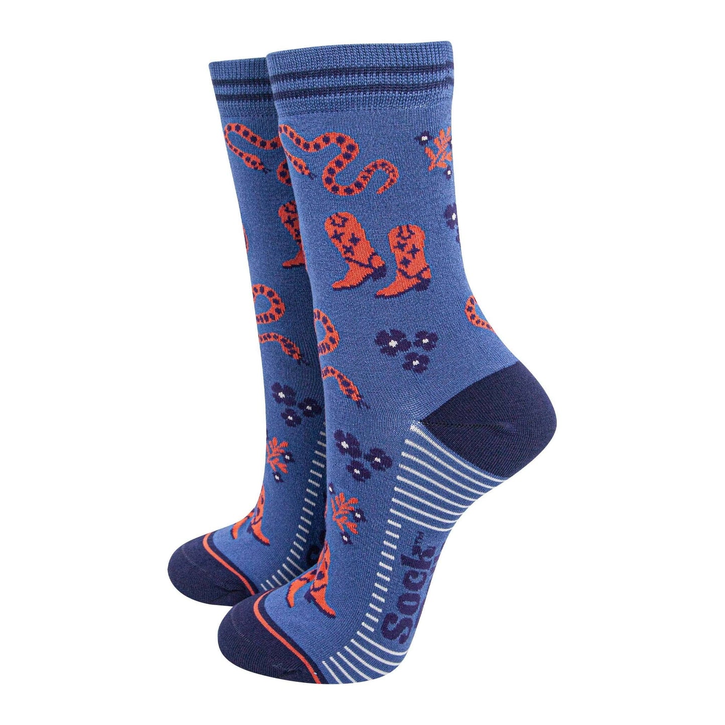 Sock Talk Women's Bamboo Socks - Navy Blue/Denim Blue, Cowboy Snakes