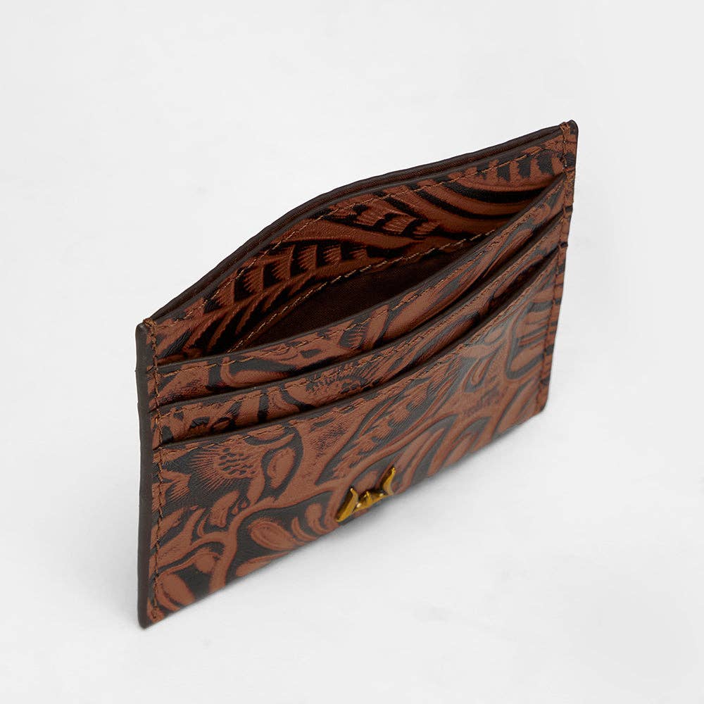 Myra Loyal West Shell Card Holder  In Hand Finished Embossed Leather Brown: Single