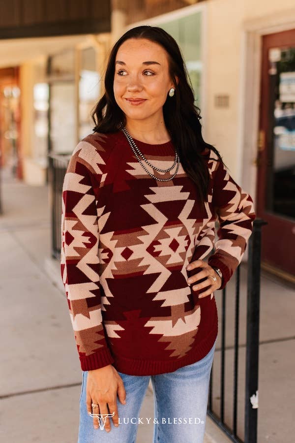 Burgundy Aztec Knitted Round Hem Buffalo Button Sweater JO419-AZTBRG
