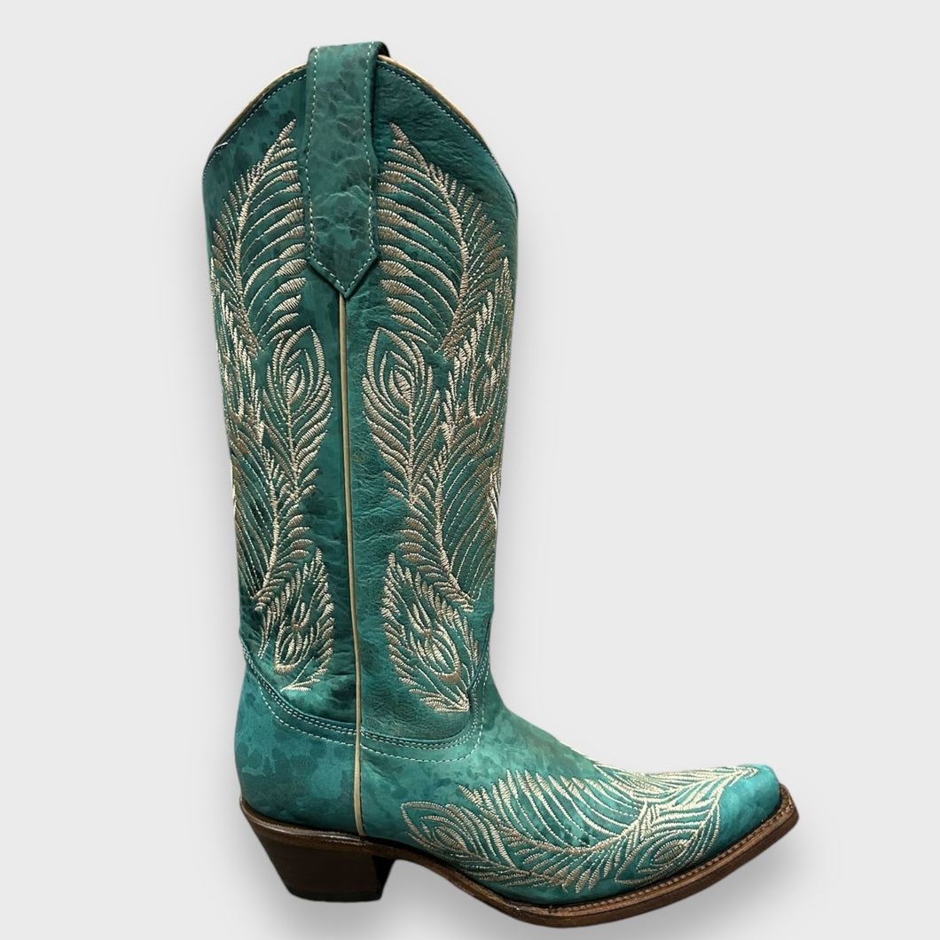 Circle G by Corral Ladies Western Turquoise Feather Embroidery Snip Toe Cowboy Boots L5789