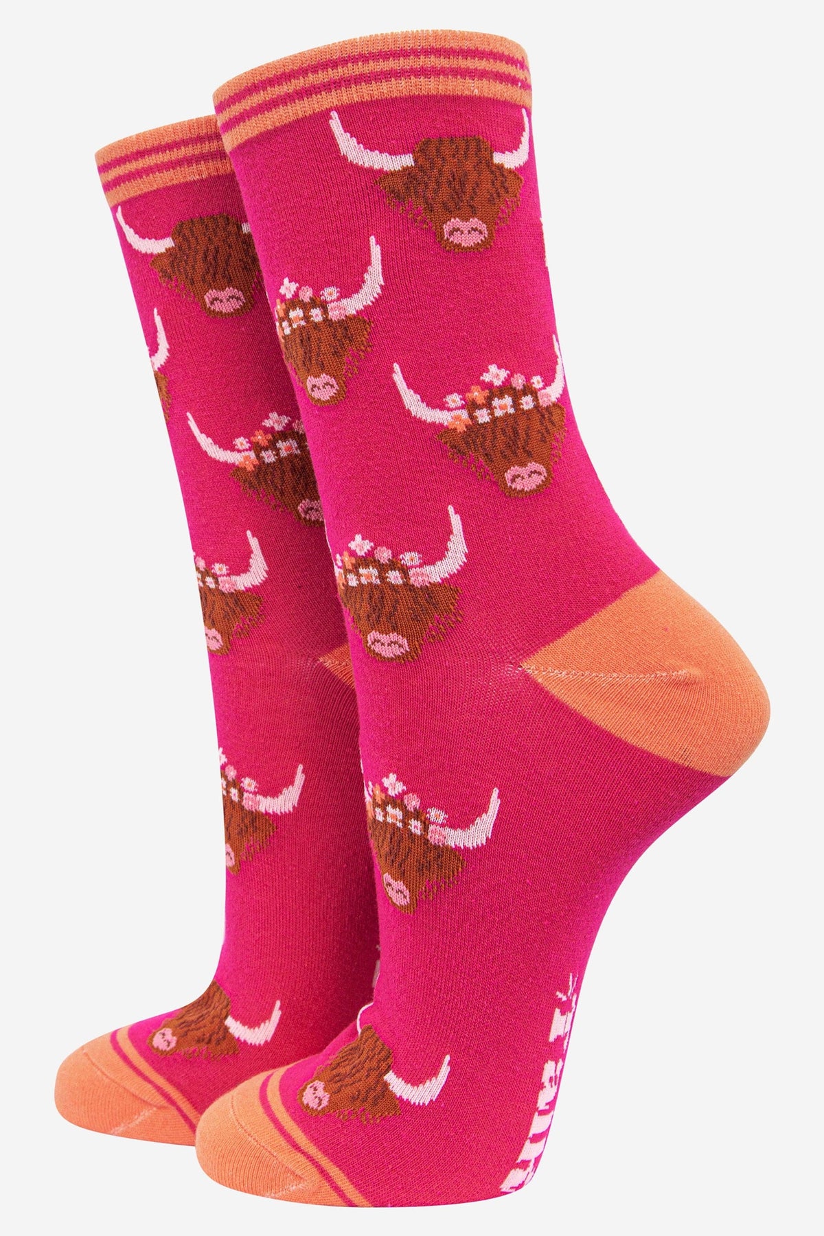 Sock Talk Women's Bamboo Socks - Pink, Highland Cow