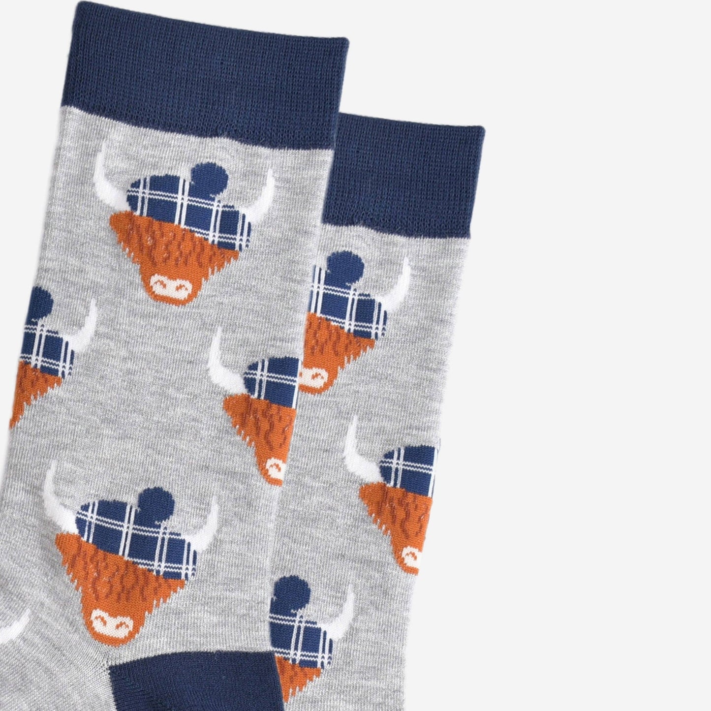 Sock Talk Men's Bamboo Socks - Grey/Navy Blue, Highland Cow Tartan Hat