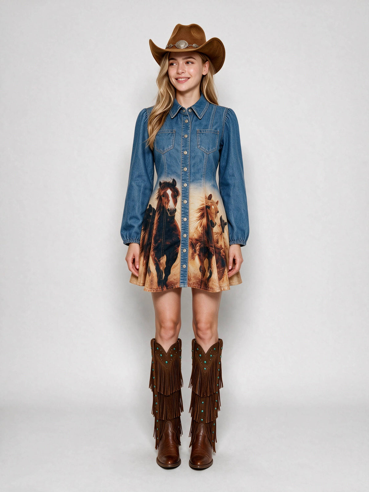 Blue B 60040D Western Horse Print Denim Dress