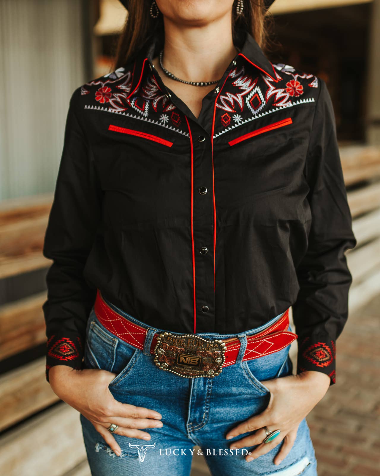 Lucky & Blessed Black Aztec Embroidered Western Yoke Pearl Snap Top TO865-BLK