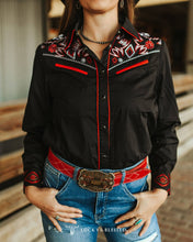 Load image into Gallery viewer, Lucky &amp; Blessed Black Aztec Embroidered Western Yoke Pearl Snap Top TO865-BLK
