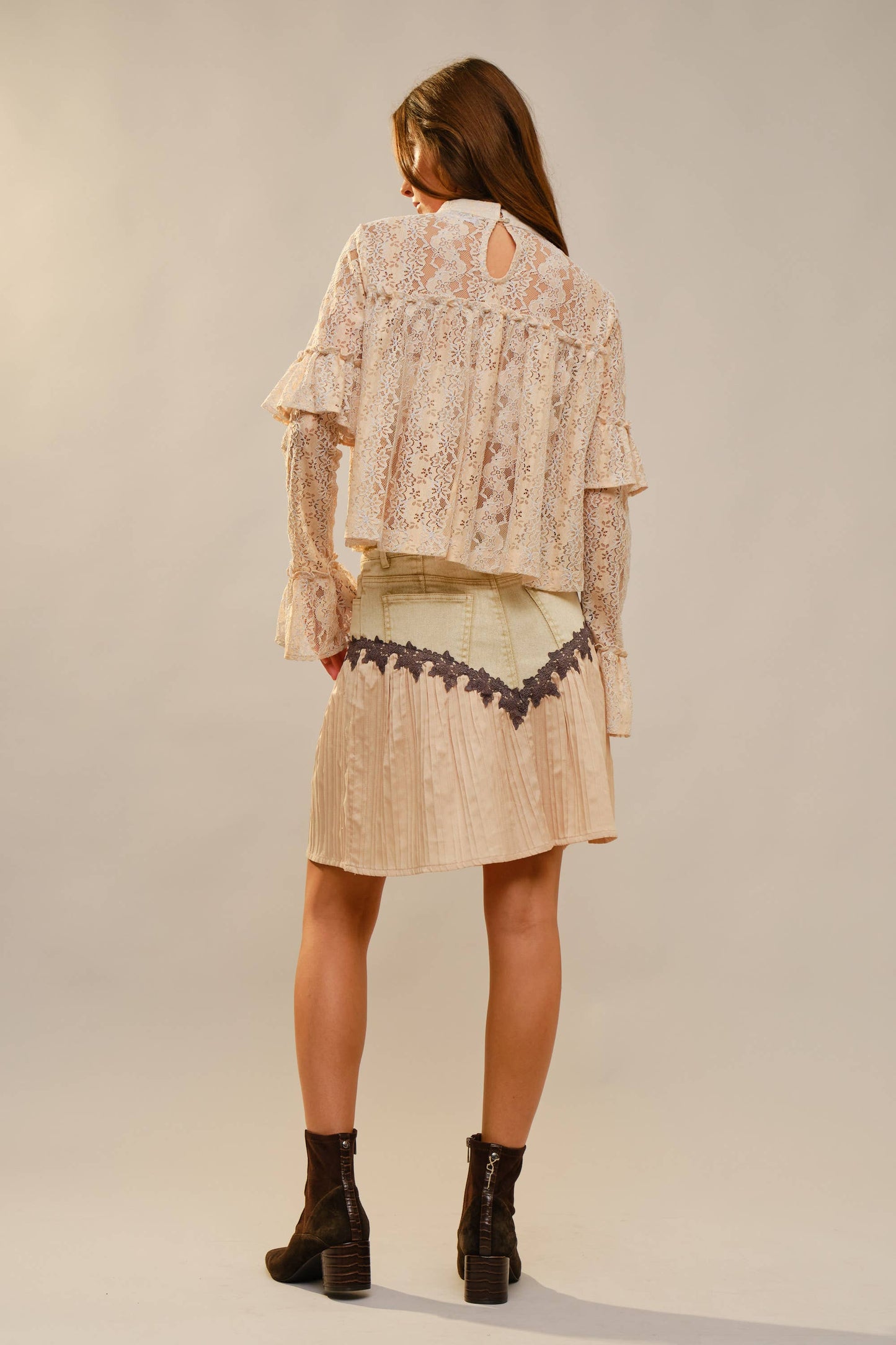 99713T - Long Sleeve High Neck Lace Top in Beige