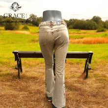 Load image into Gallery viewer, Grace Jeans Floral Embroidery Camel Colour Mid-Rise Flare Jeans ELS772
