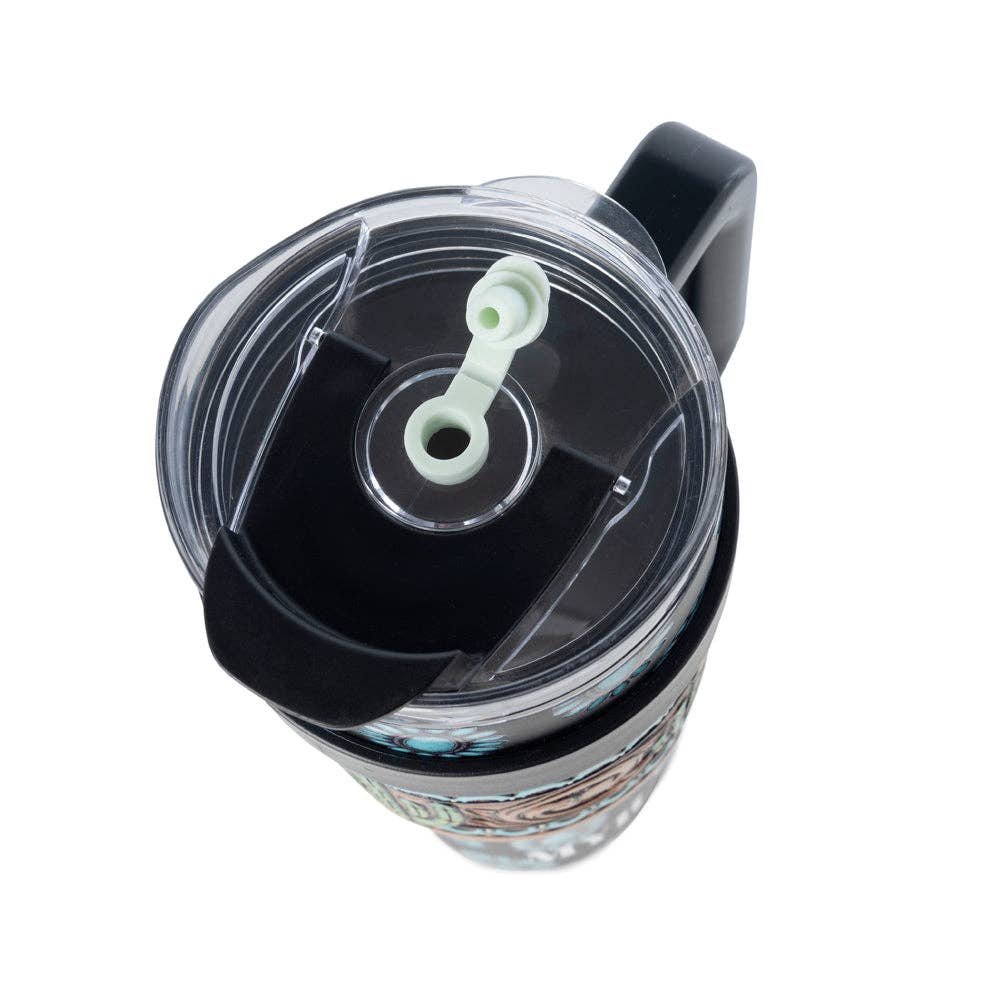 Myra S-14767 Concho Crest Western Tooled Tumbler in Black Stainless Steel with Leather Wrap and Handle: WITH TOOLING