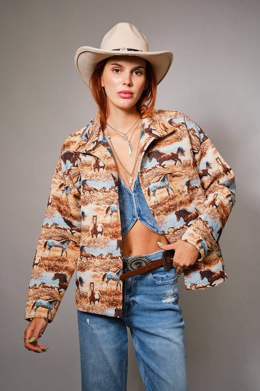Blue B 33144J Western Pattern Button Front Jacquard Jacket