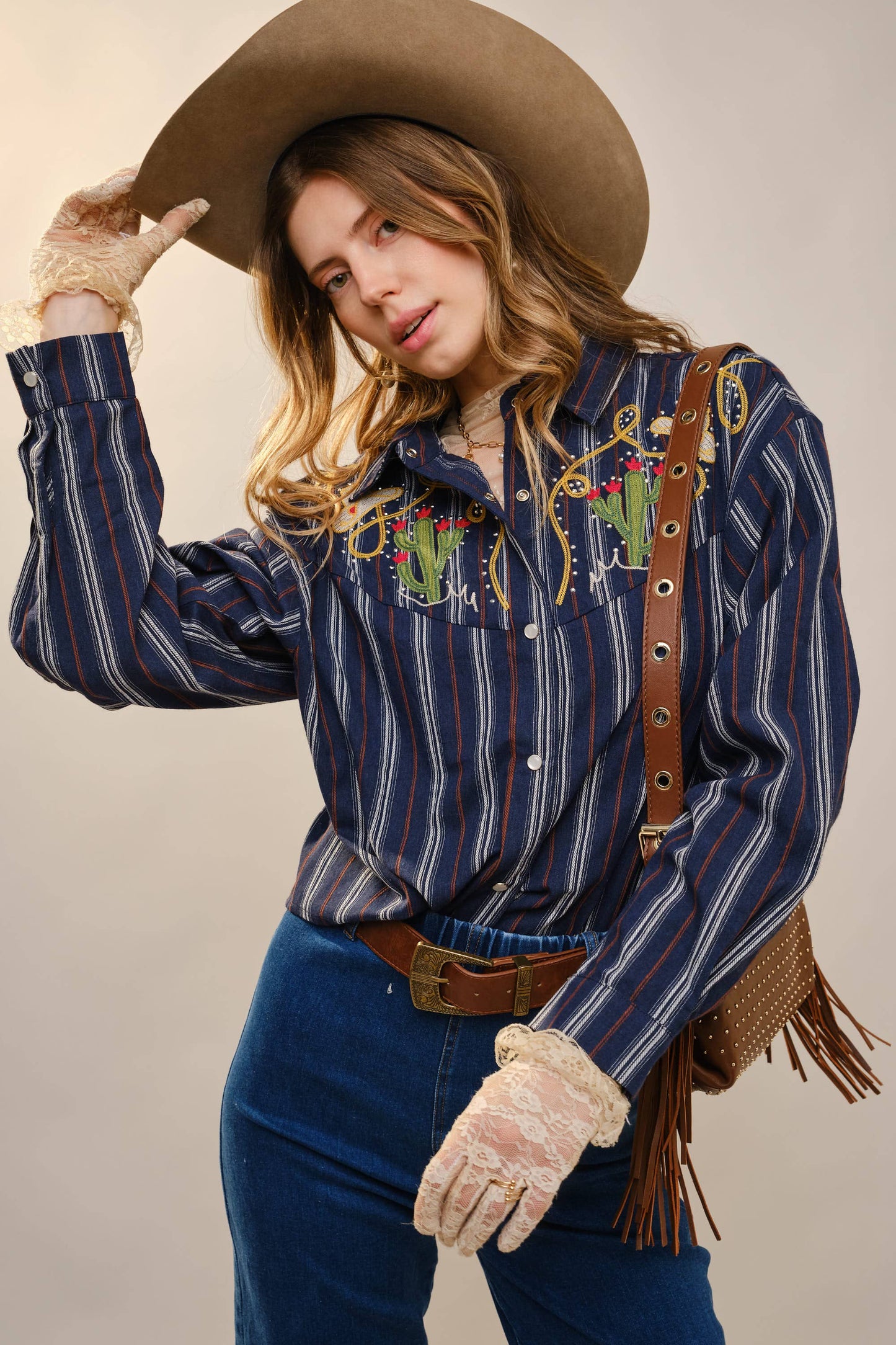 Blue B 36989T Embroidered Western Yoke Striped Shirt in Navy