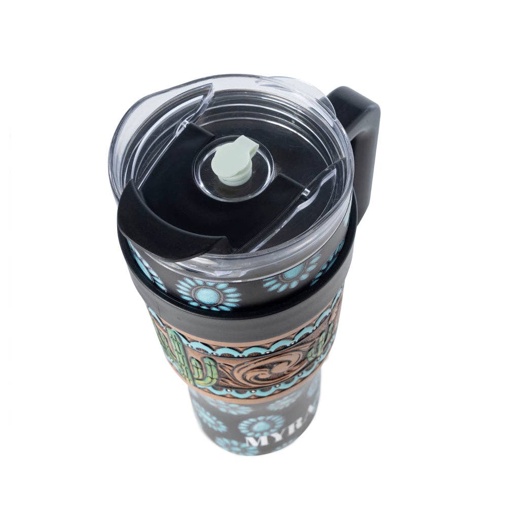Myra S-14767 Concho Crest Western Tooled Tumbler in Black Stainless Steel with Leather Wrap and Handle: WITH TOOLING