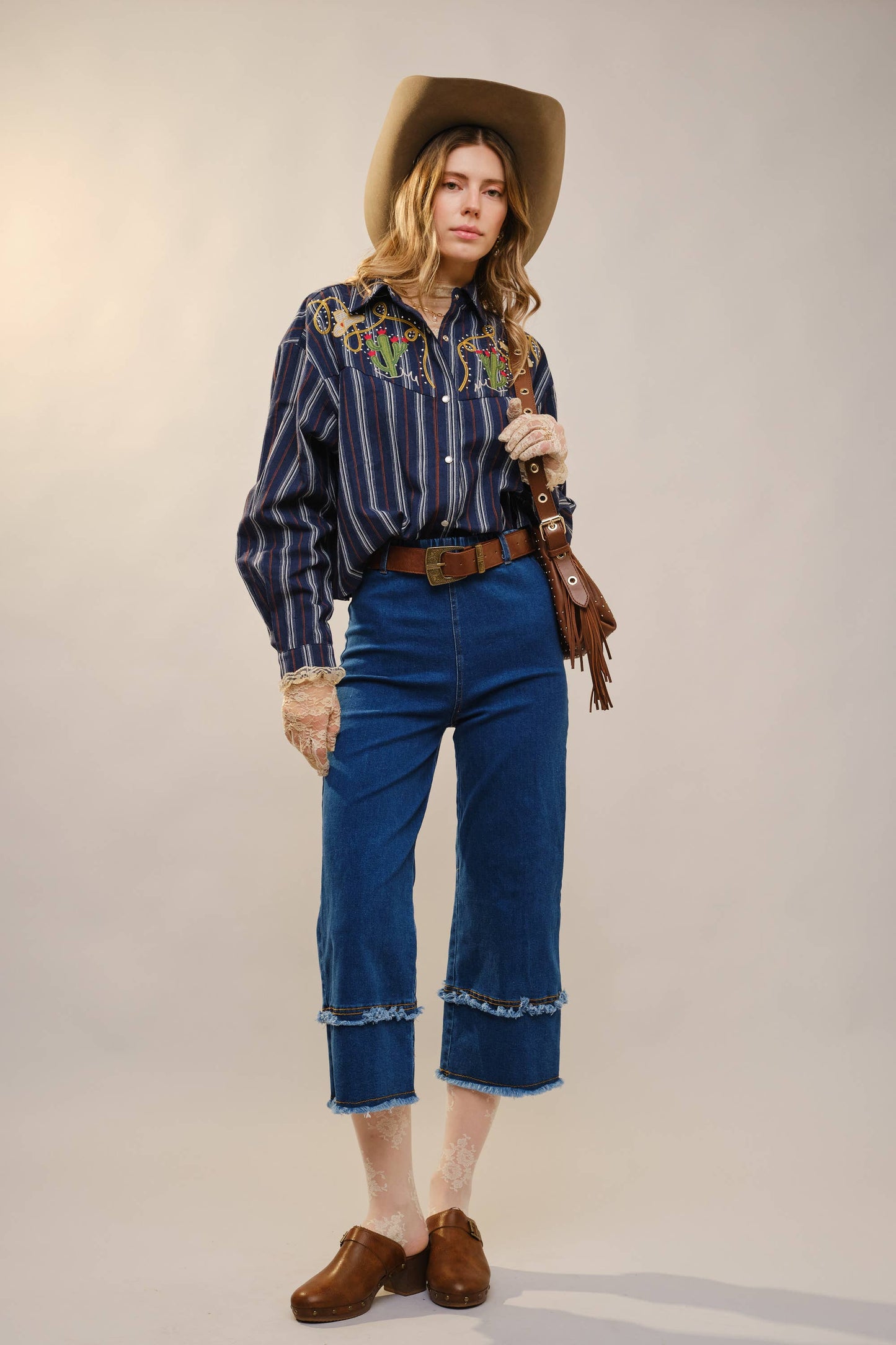 Blue B 36989T Embroidered Western Yoke Striped Shirt in Navy