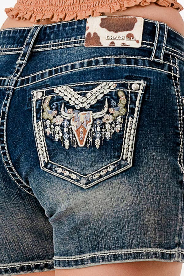 Grace in LA Steer Head Embroidery  Mid Rise Shorts 5