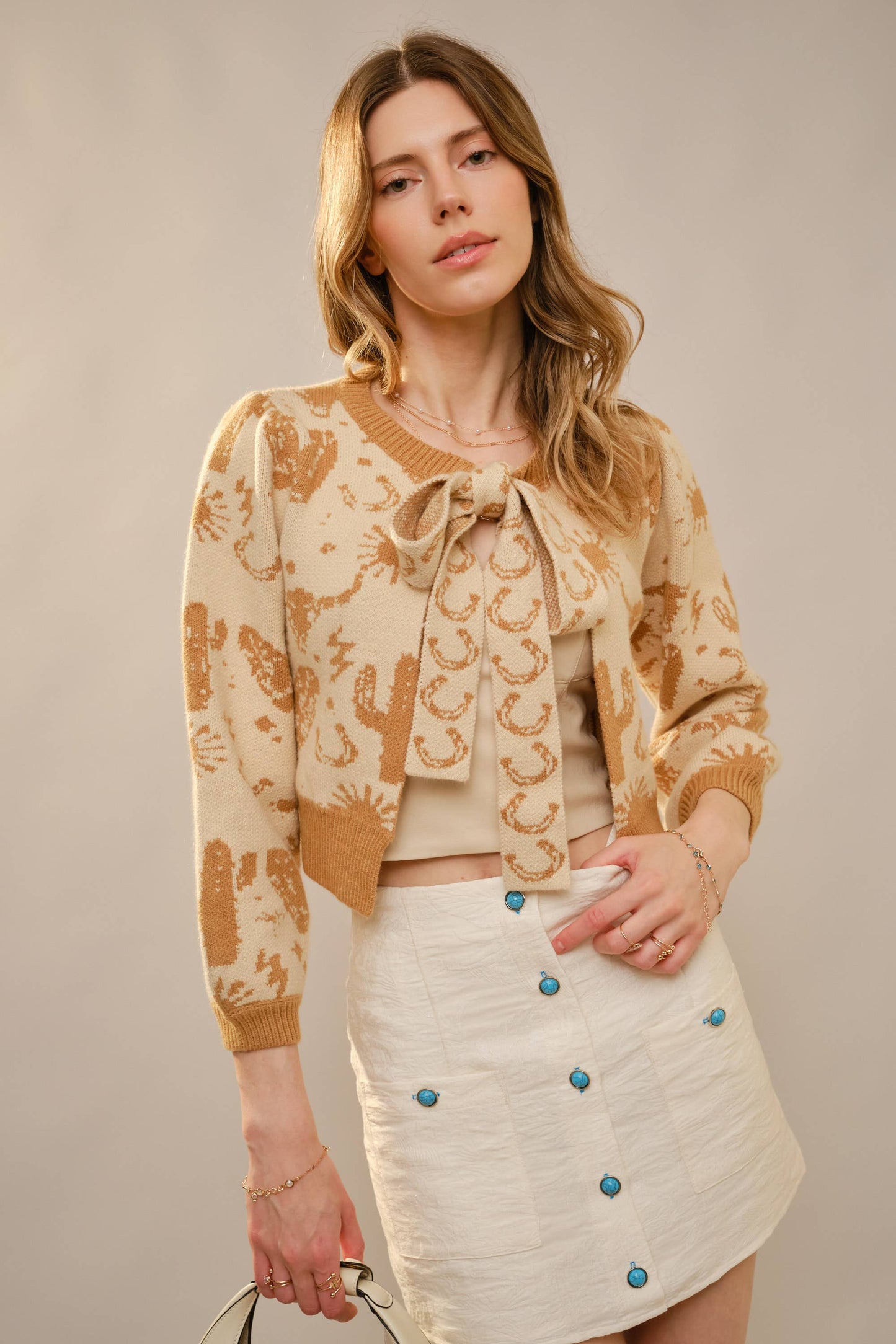 Blue B 37767W - Western Motif Tie Front Cardigan: TAUPE