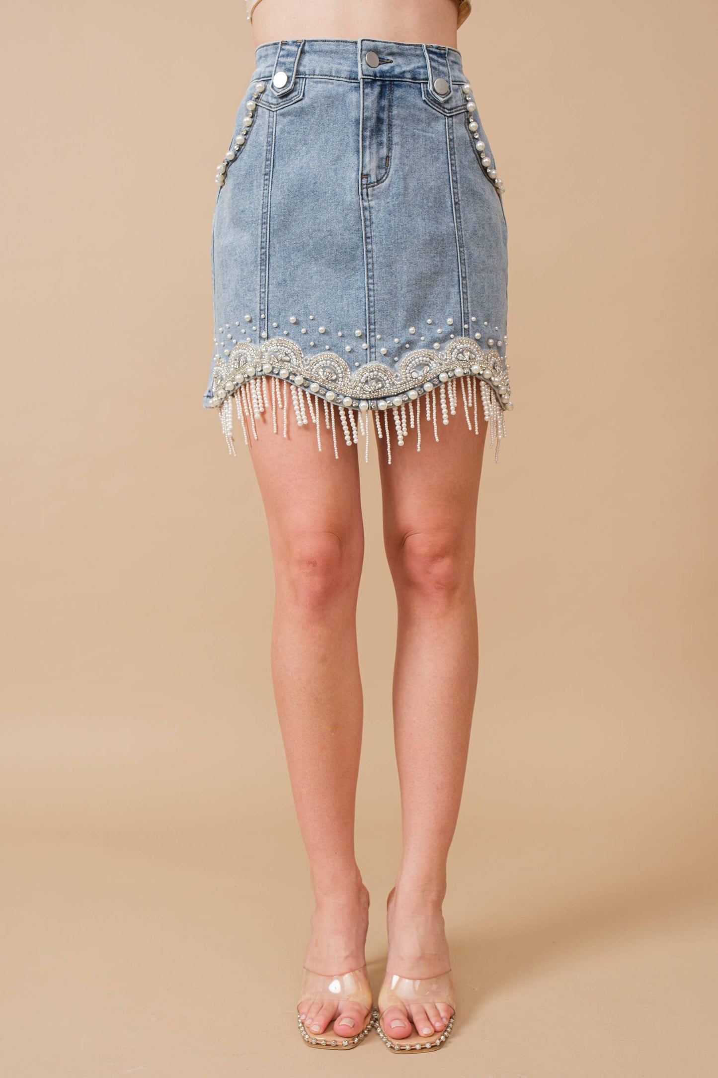 Blue B 80038S - Stretch Denim Embellished Pearl Fringe Mini Skirt medium wash