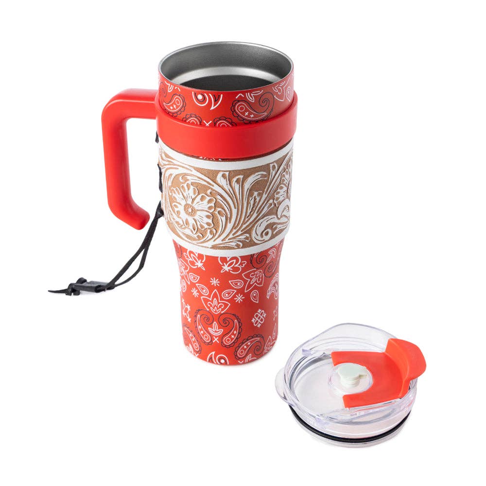 Myra Bandana Tooled Western Tumbler in Red Stainless Steel with Handtooled Leather and Handle for Use: WITH TOOLING