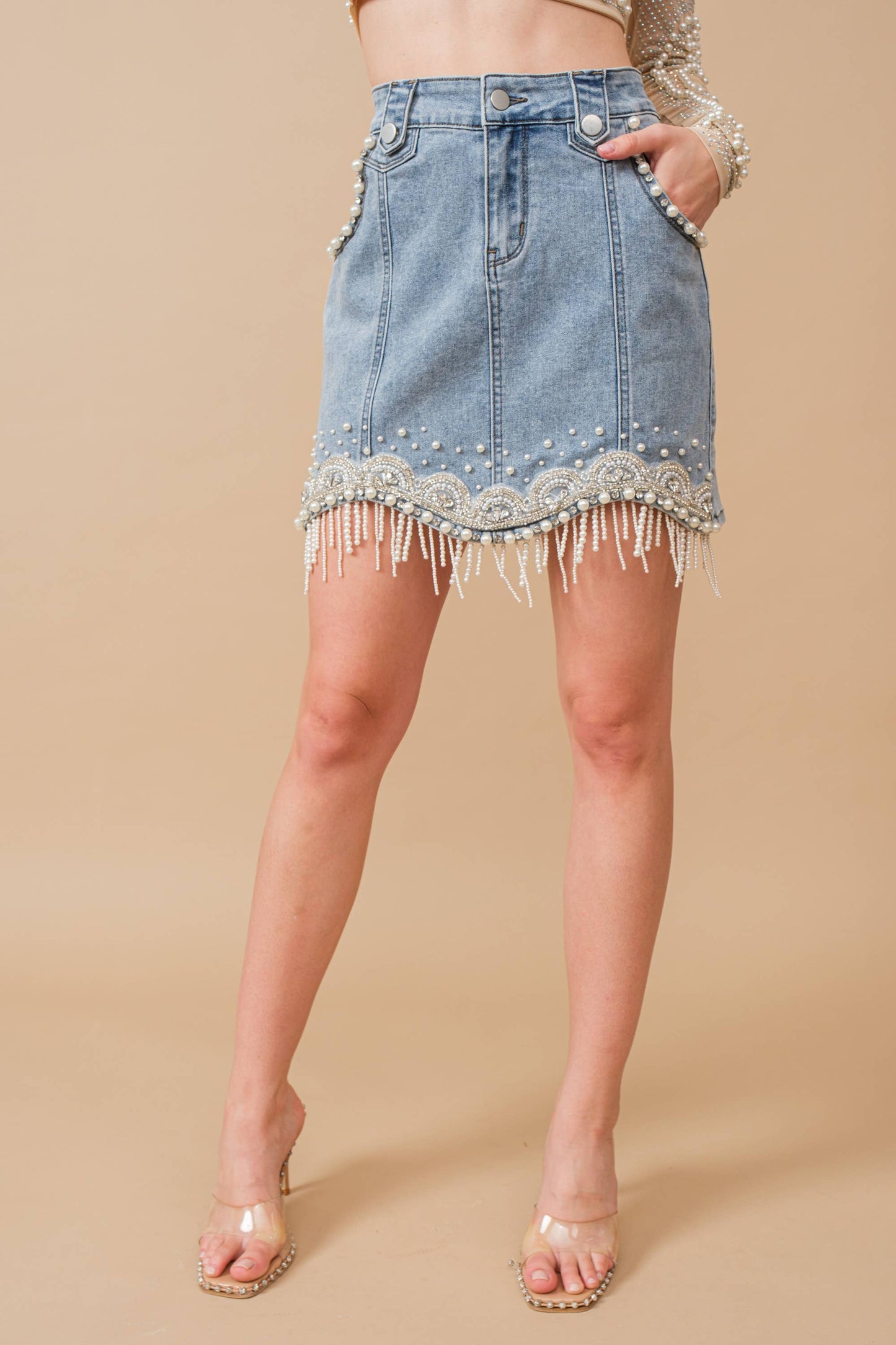 Blue B 80038S - Stretch Denim Embellished Pearl Fringe Mini Skirt medium wash