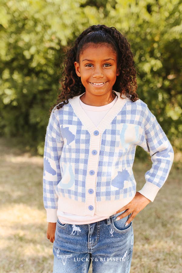 Lucky & Blessed JO567 Girls Blue Plaid Button Up Western Sweater