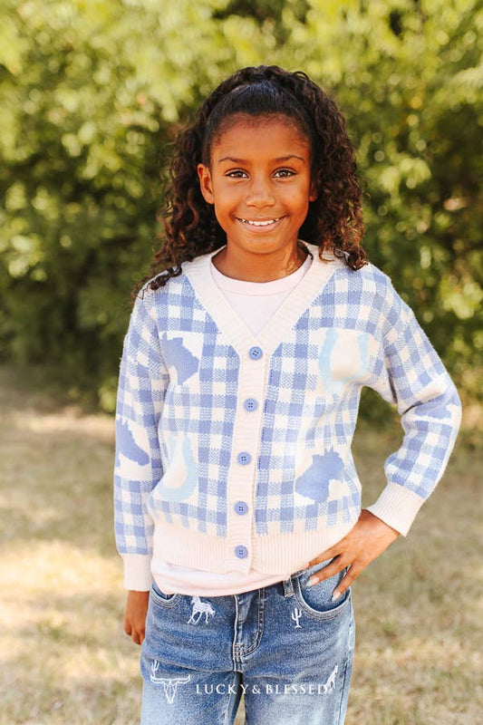 Lucky & Blessed JO567 Girls Blue Plaid Button Up Western Sweater