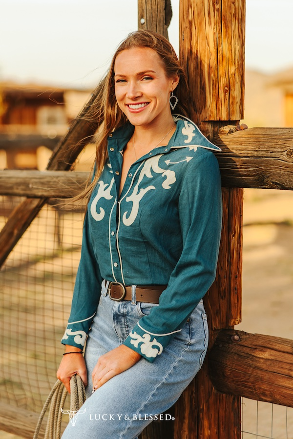 Teal Ivory Patch Boot Stitch Contrast Piping Shirt TO938-TL