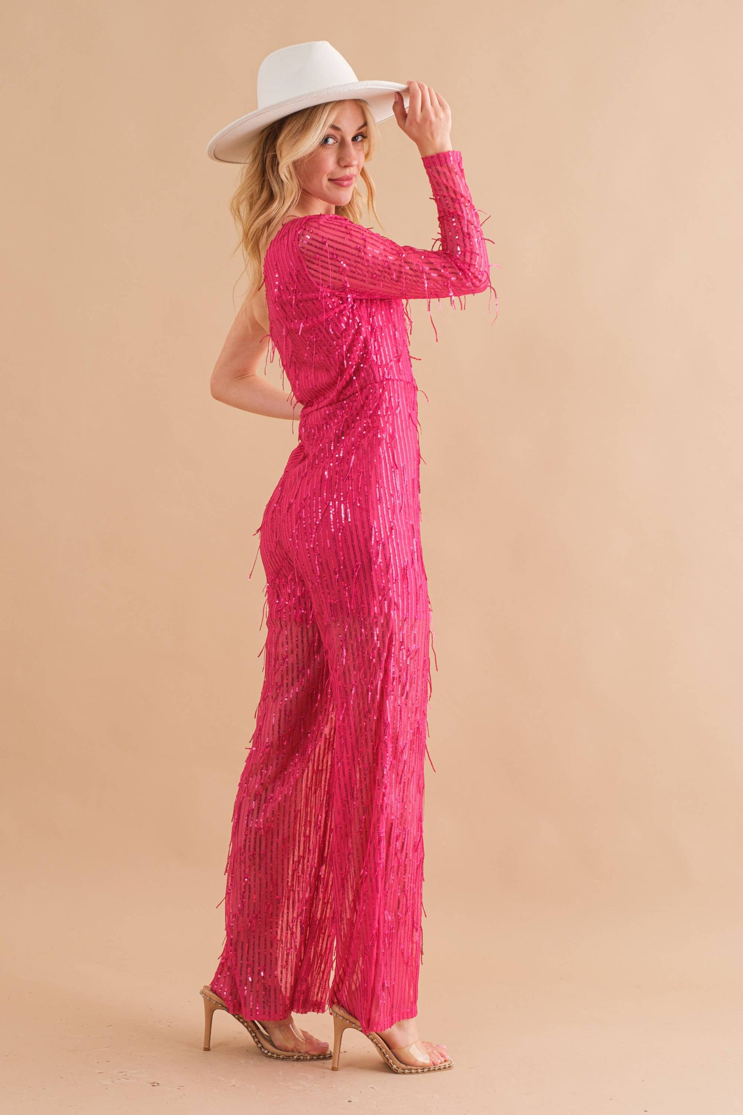 34015R - Sequin Fringe Embellish One Shoulder Jumpsuit in Hot Pink