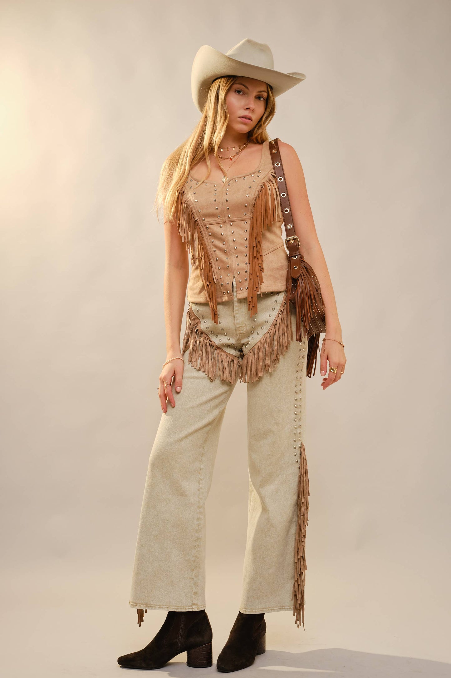 Blue 37184T - Fringe Stud Faux Suede Tank in Sand