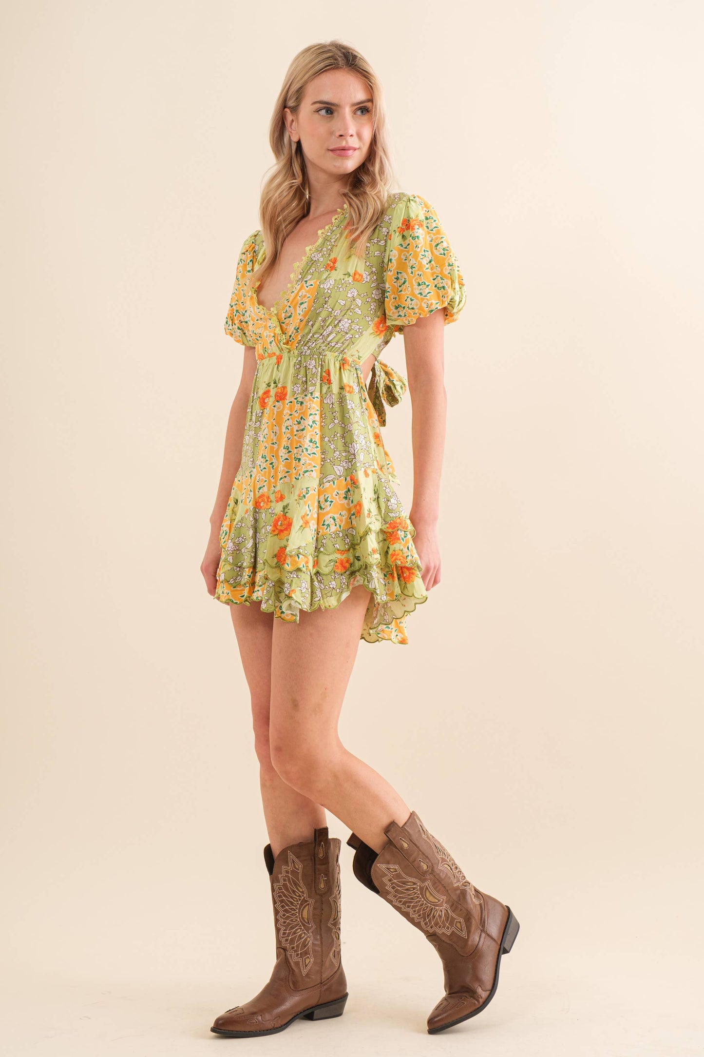 Blue B 32880D - Tiered Scallop Hem Mini Dress in Yellow/Green