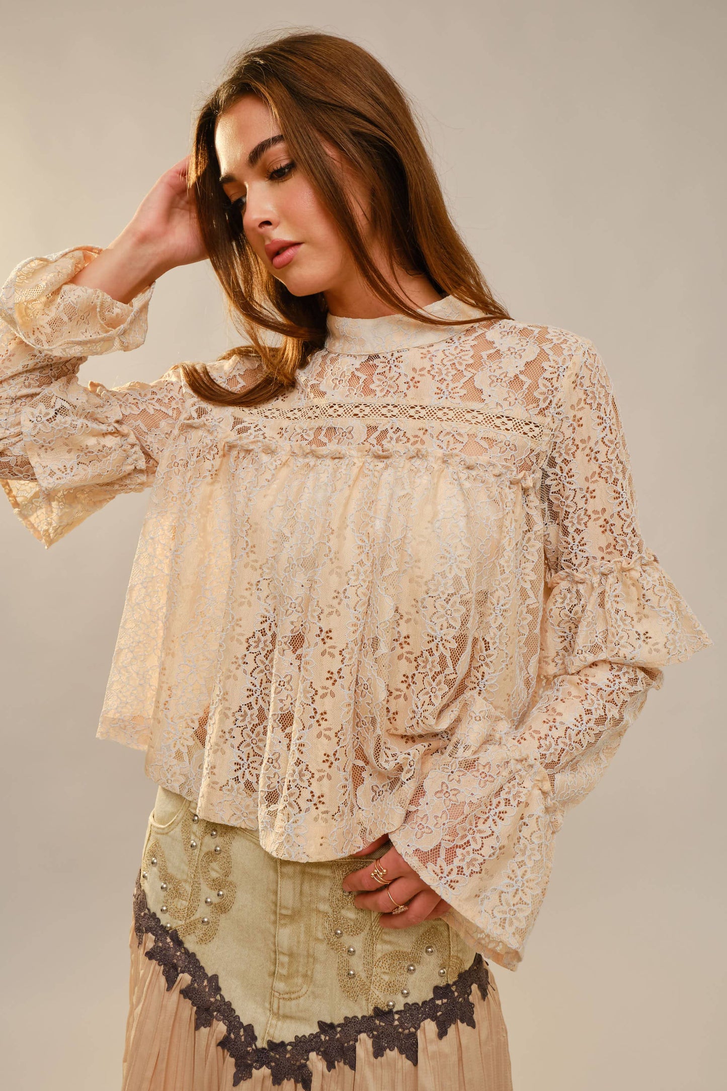 99713T - Long Sleeve High Neck Lace Top in Beige
