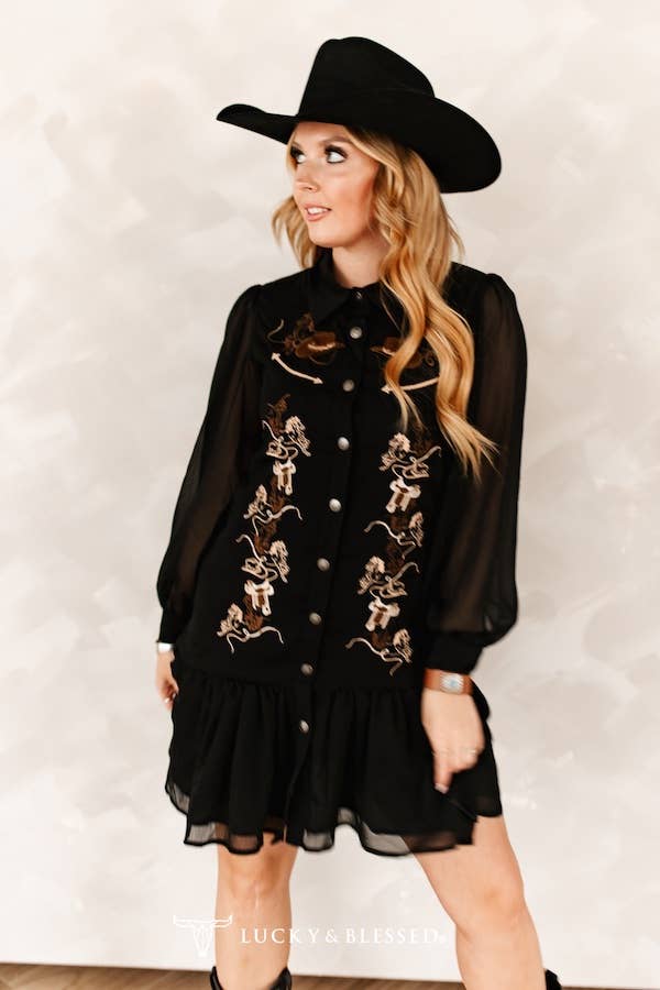 Lucky & Blessed DR860 Black Western Embroidered Arrow Ruffle Dress