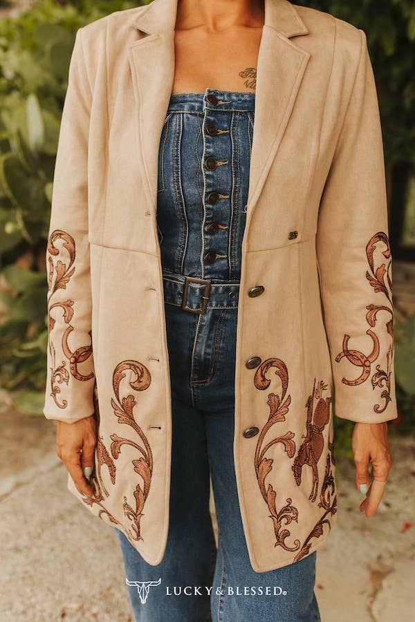 Khaki Western Cowgirl Boot Stitch Long Suede Blazer JO322