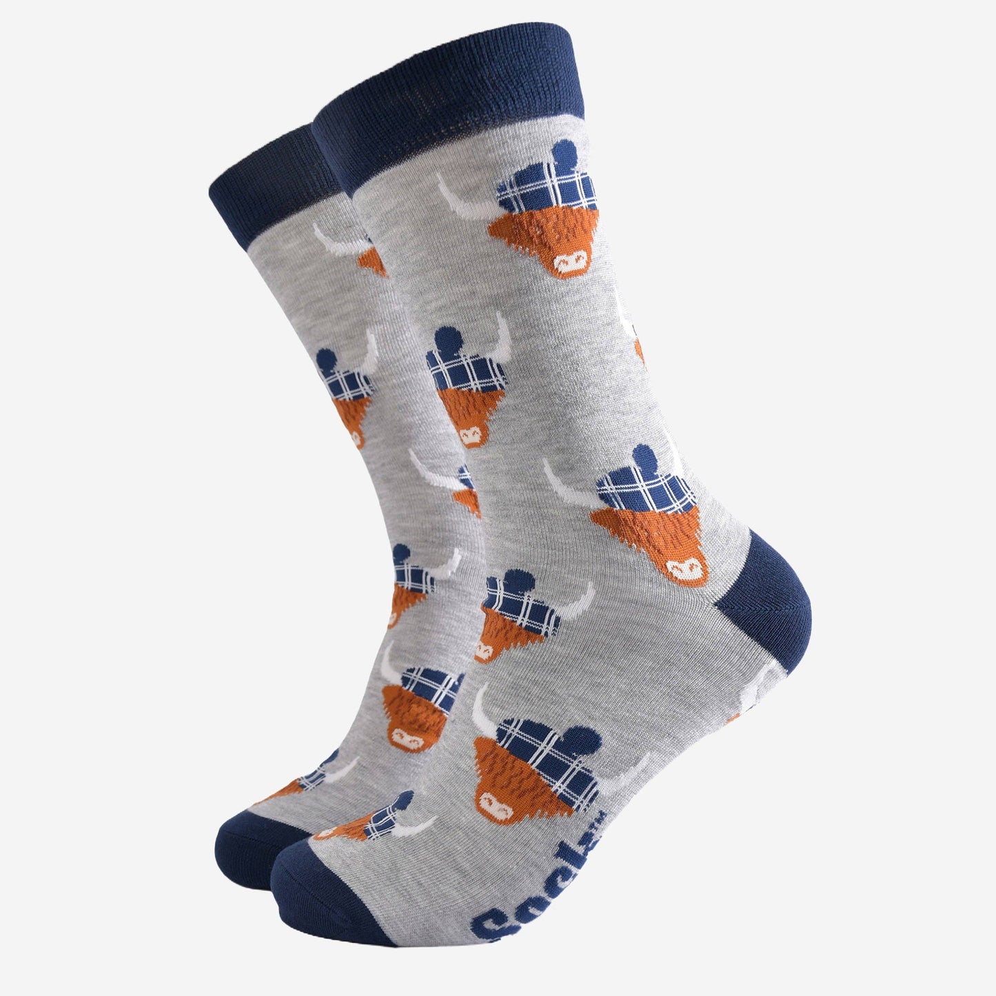 Sock Talk Men's Bamboo Socks - Grey/Navy Blue, Highland Cow Tartan Hat