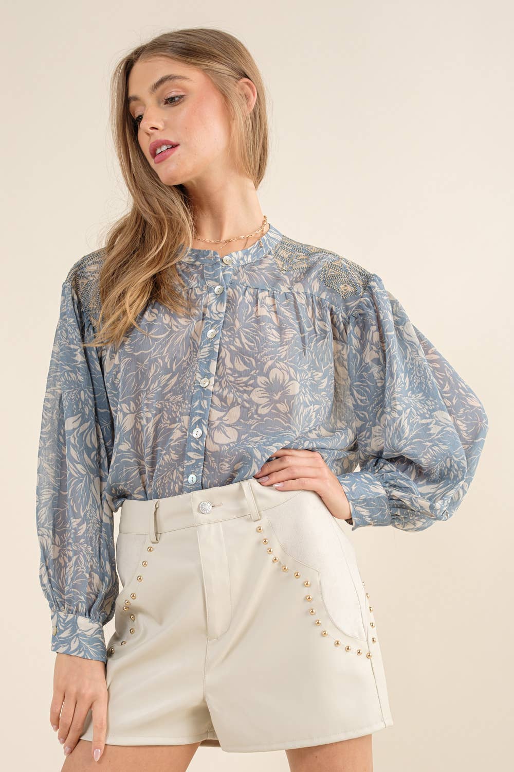 32903T - Chiffon Floral Embroidered Shoulder Blouse in Blue