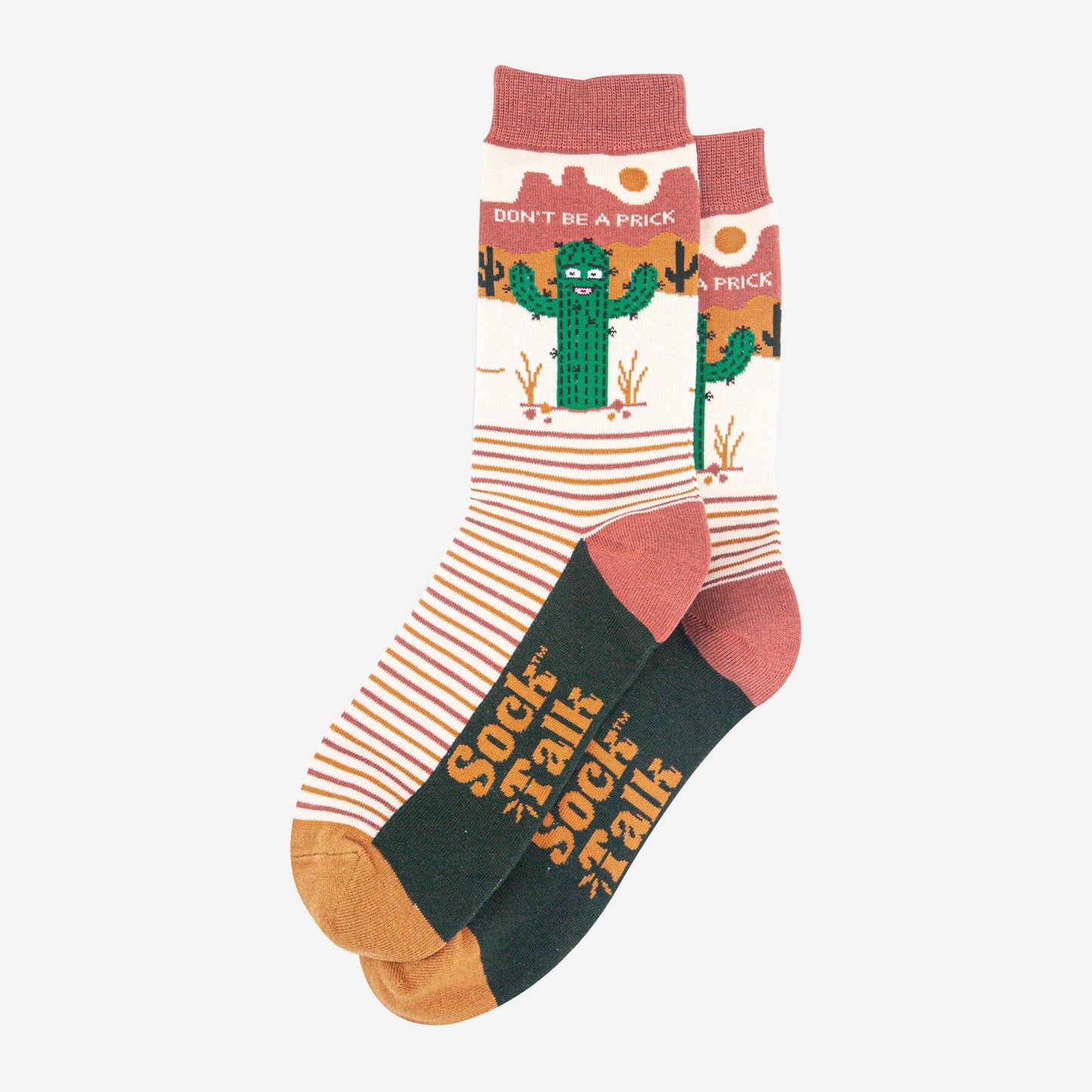 Sock Talk Men's Combed Cotton Crew Socks- Cream, Prickly Cactus