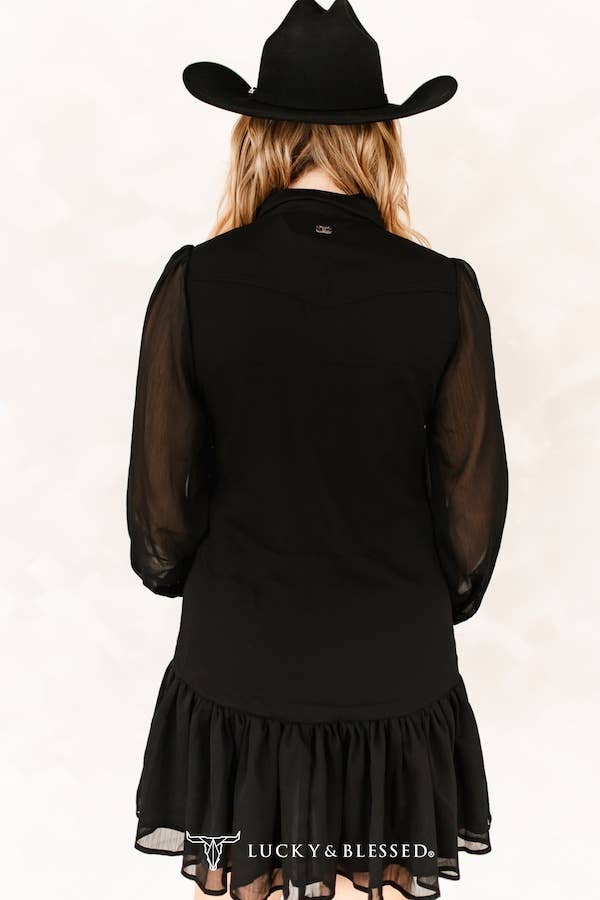 Lucky & Blessed DR860 Black Western Embroidered Arrow Ruffle Dress