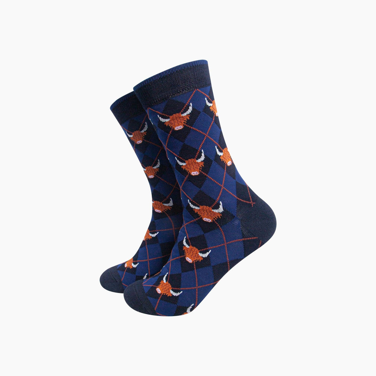 Sock Talk Highland Cow Argyle Men's Bamboo Socks in Navy Blue
