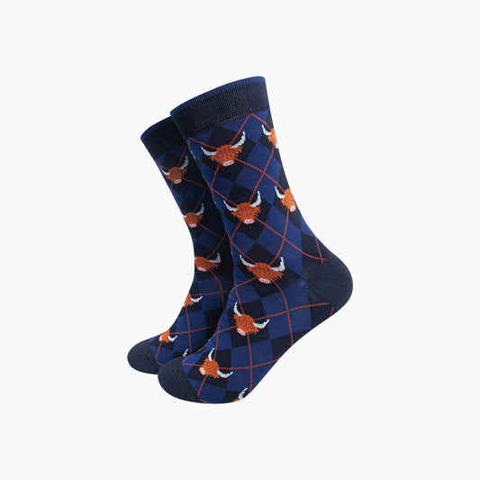 Sock Talk Highland Cow Argyle Men's Bamboo Socks in Navy Blue
