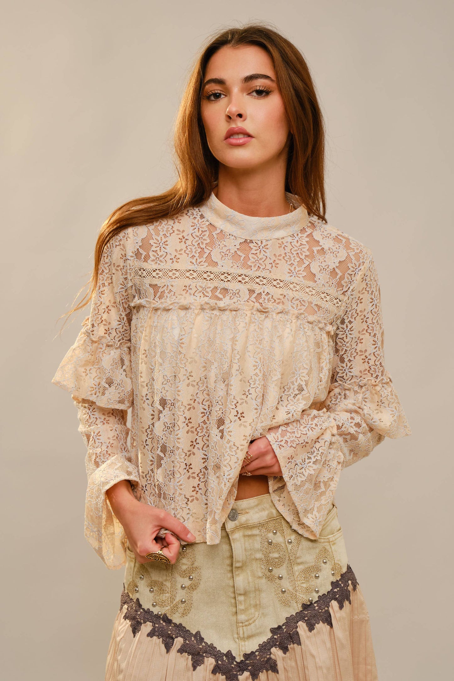 99713T - Long Sleeve High Neck Lace Top in Beige