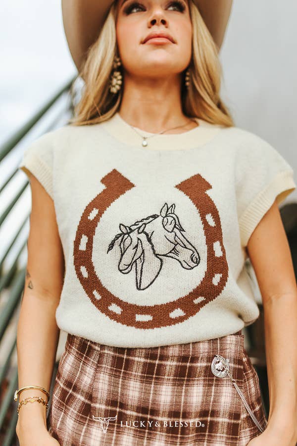 Lucky & Blessed V2120 Cream Western Horse Shoe Printed Contrast Knit Sweater Vest