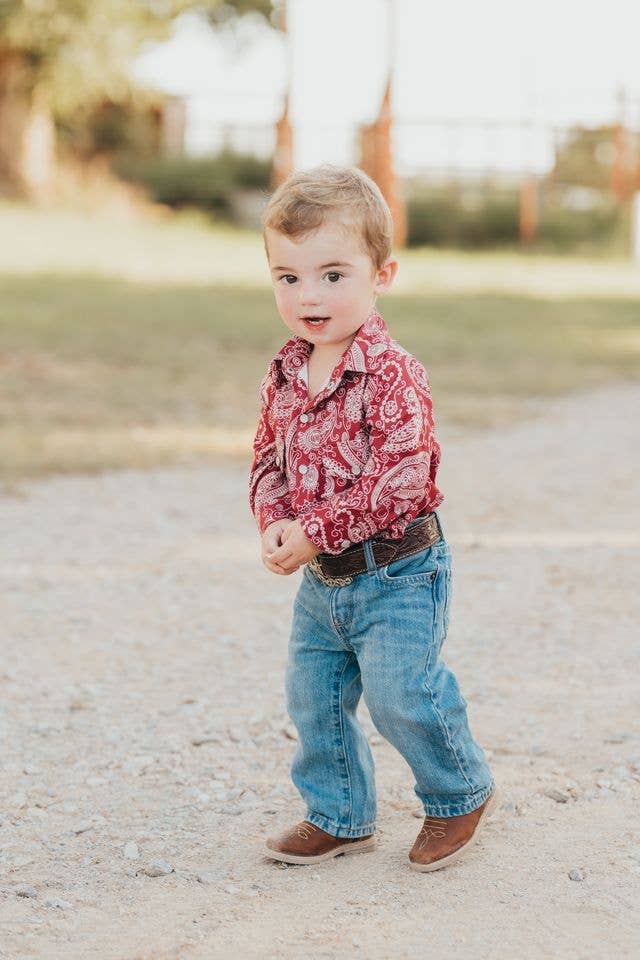 Maroon Paisley LS Pearl Snap Onesie SNAP16