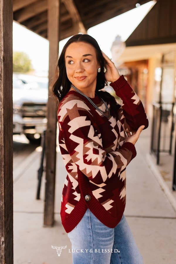Burgundy Aztec Knitted Round Hem Buffalo Button Sweater JO419-AZTBRG