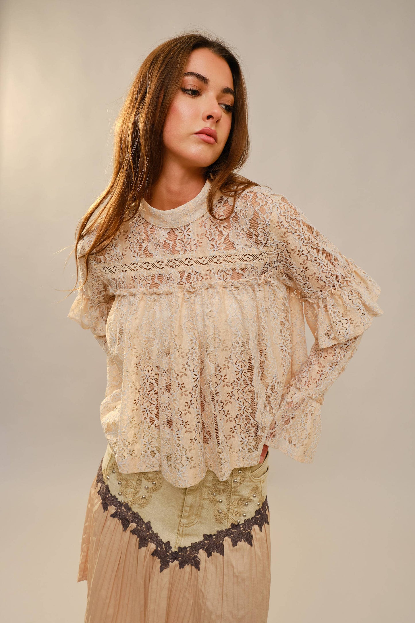 99713T - Long Sleeve High Neck Lace Top in Beige