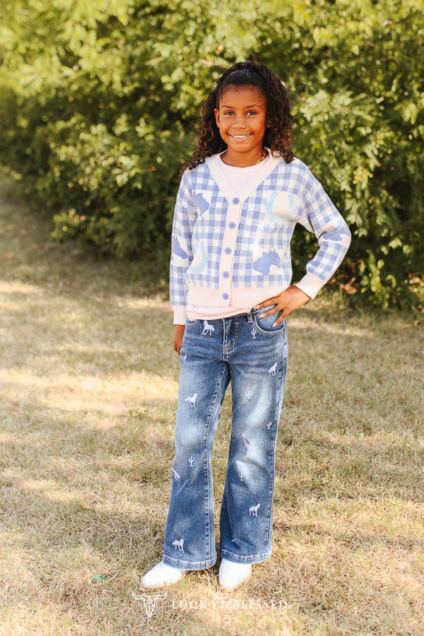 Lucky & Blessed JO567 Girls Blue Plaid Button Up Western Sweater